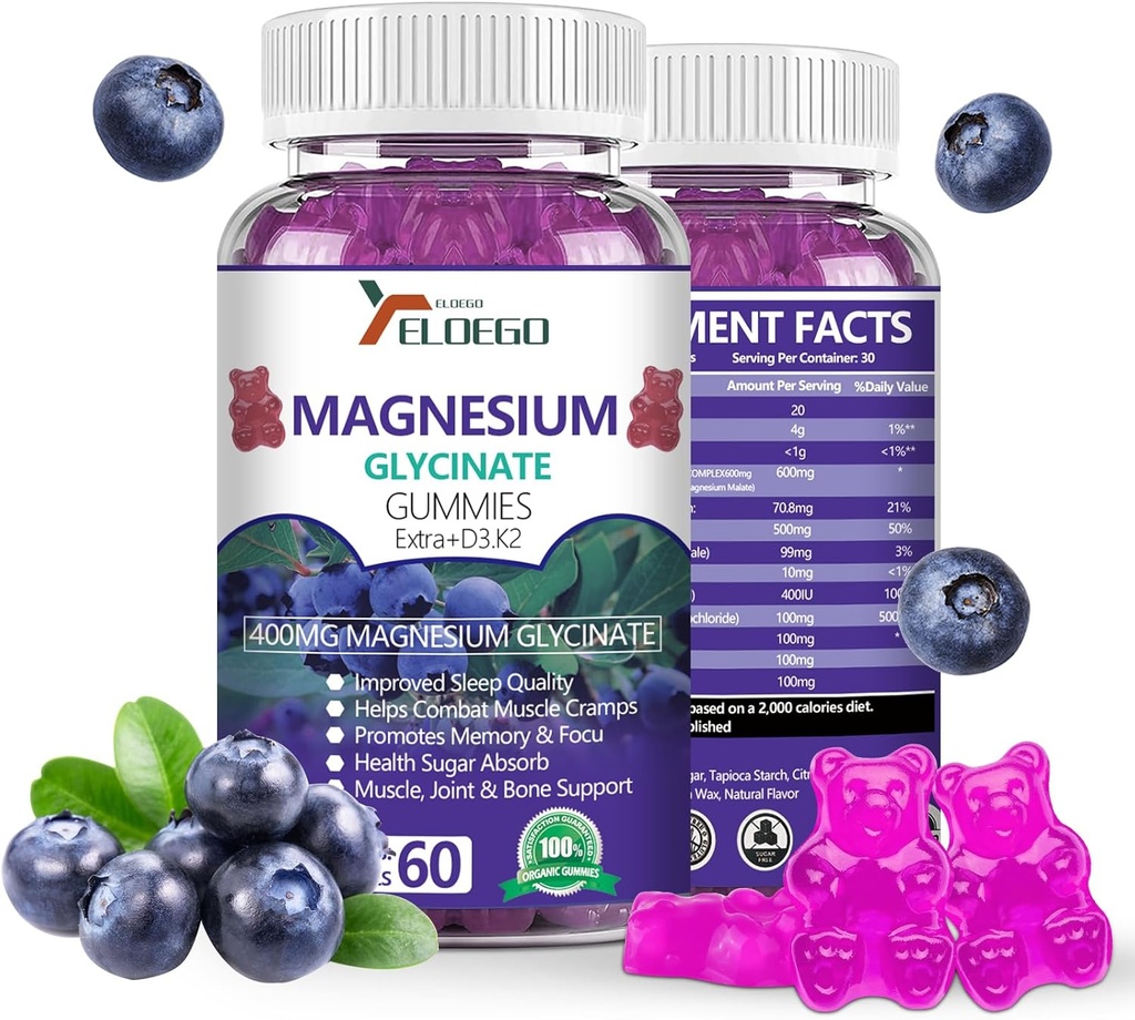 Magnesium Gummies 600mg per Serving-Magnesium Glycinate 400mg and Magnesium Malate 200mg, Extra K2 & D3, High Absorption Magnesium Supplement for Sleep,Stress Relief, Nerve Support, Blueberries(60 CT)