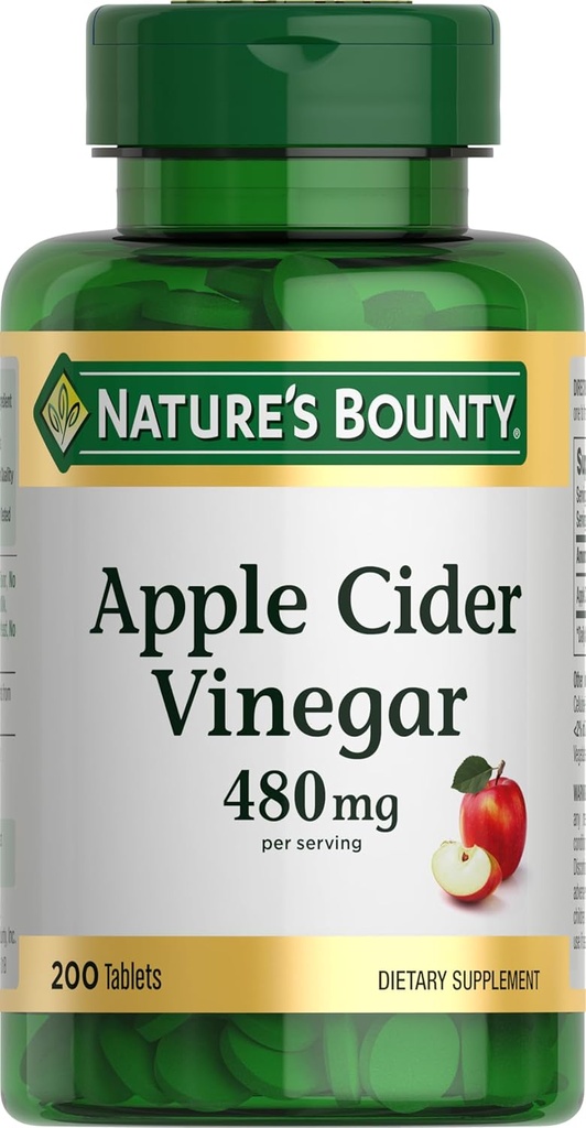 Bombillas Bounty Apple Sider Vinegar 480mg, Vegetarian Supplement Plant Based, 200 Tablets