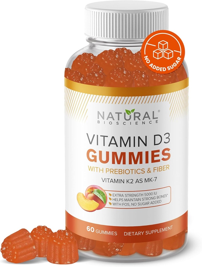 Vitamina D3 K2 Gummies - Vitamina D3 Gummies 5000 UI+K2 MK7 80 mcg, K2 D3 Suplemento Vitamina Adultos, Vitamina D K2 para Huesos, Inmuno, Corazón, Mood, Libre de gluten, No GMO, Sabor de Peach Natural