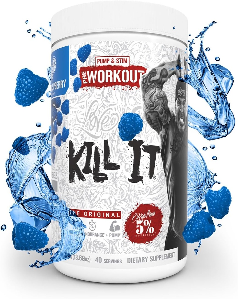 5% Nutrición Rich Piana Kill It Pre Workout Powder w/Creatine, Caffeine, Beta Alanine, Hydroprime Glycerol for Pump, Strength, Endurance  durable 20/40 Srvgs (40 Servings, Blue Raspberry)