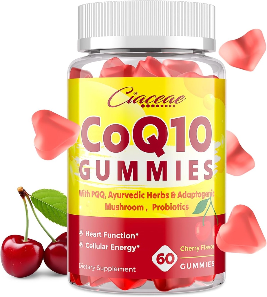 CoQ10 Gummies con PQQ - 400 MG Coenzyme Q10 High Potency, Mejorado con hierbas ayurvédicas, Adaptogenic Mushroom Blend &amp; Probiotics for Heart, Brain, Energy, Immunity, Cherry Flavor, 60 Gummies Vegan