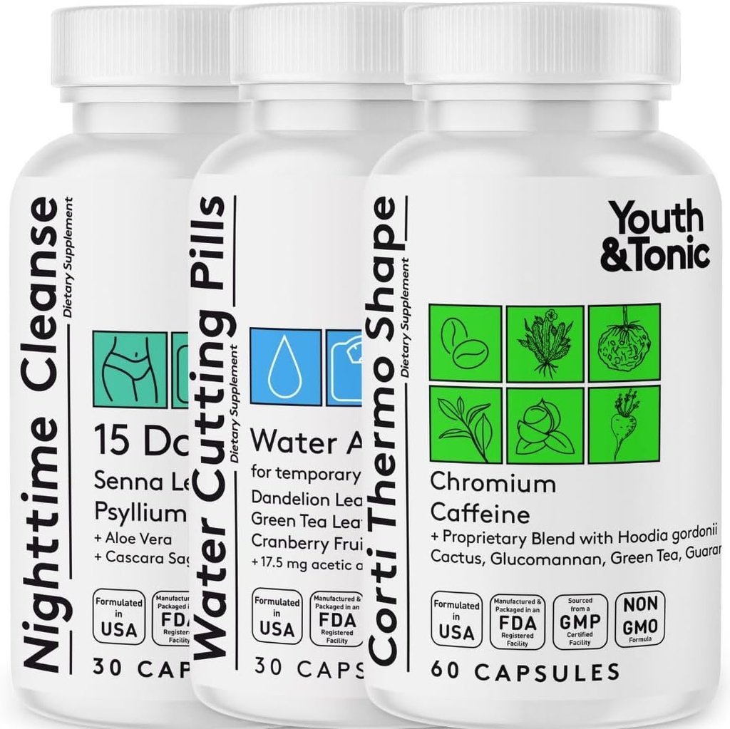 Jóvenes &amp; Tonic Sculpt Shred Cleanse Detox 3X Píldoras de pérdida de peso: Appetite Suppressant, Fat Burner, Energy Booster &amp; Nighttime Cleanse for Diet – 120 Píldoras