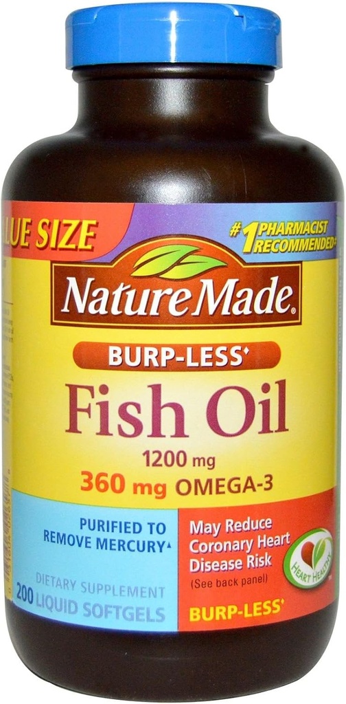 Nature Made Burp-Less Fish Oil 1200mg, 360mg Omega-3, Liquid Softgels 200 ea (Pack of 2)