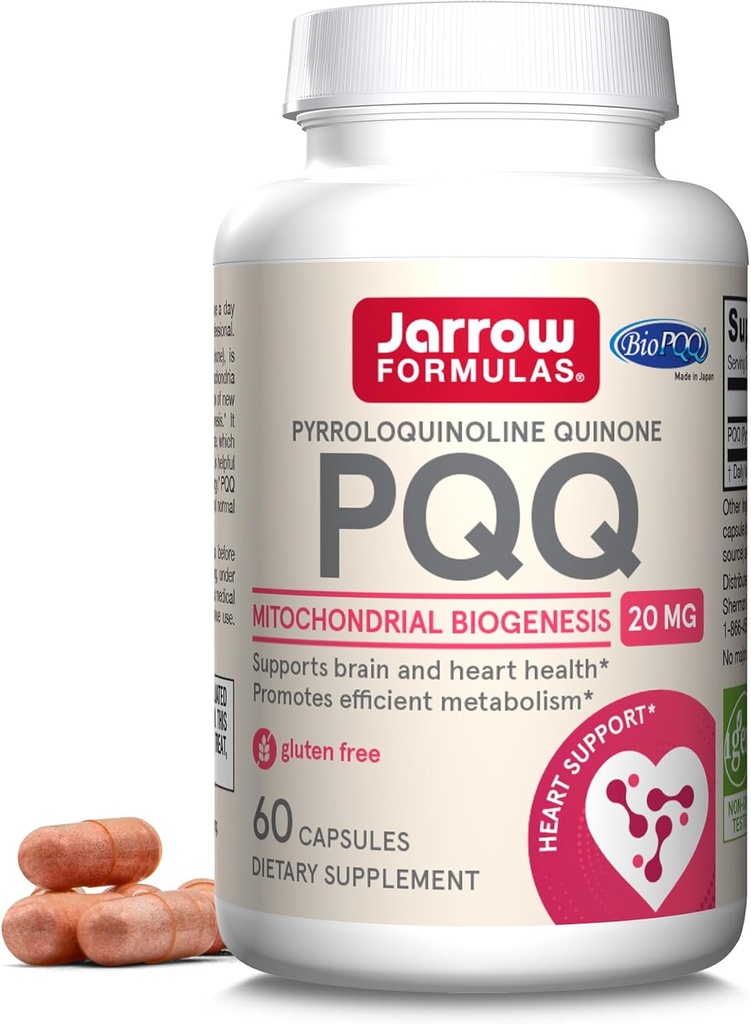 Fórmulas Jarrow PQ 20 mg - 60 cápsulas - Promueve la biogénesis mitocondrial - Apoya la salud cardíaca y cerebral - 60 prestaciones