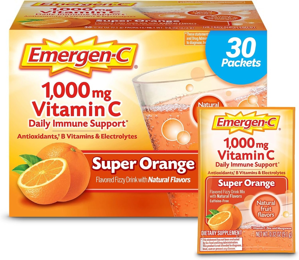 Emergen-C 1000mg Vitamina C Powder para soporte diario Caffeine Free Vitamina C Suplementos con zinc y manganés, vitaminas B y electrolitos, Super Orange Flavor - 30 Cuenta