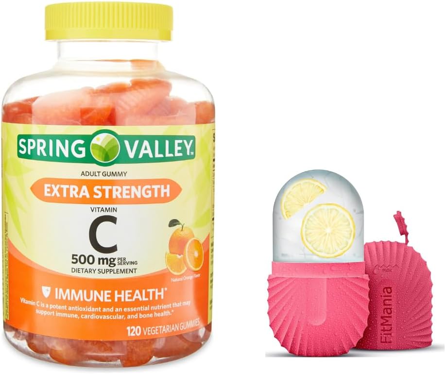 Spring Valley Extra Strength Vitamin C Suplemento dietético Gummies vegetarianas, Orange, 500 mg, 120 Ct y Roller de hielo de regalo para cara