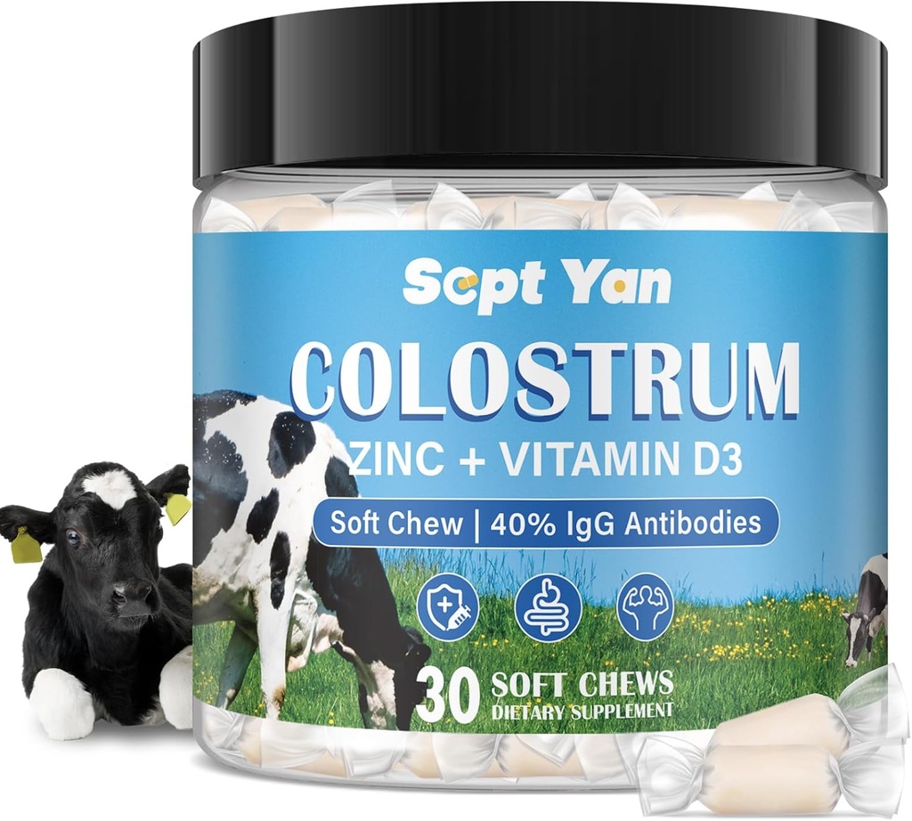 Colostrum Soft Chew Supplement (3000mg + 40% IgG), Concentrated Bovine Colostrum Superfood Plus Vitamin D3 &amp; Zine for Gut Health, Immune Support, Muscle Recovery & Wellness, Grass Fed, 30 Chews