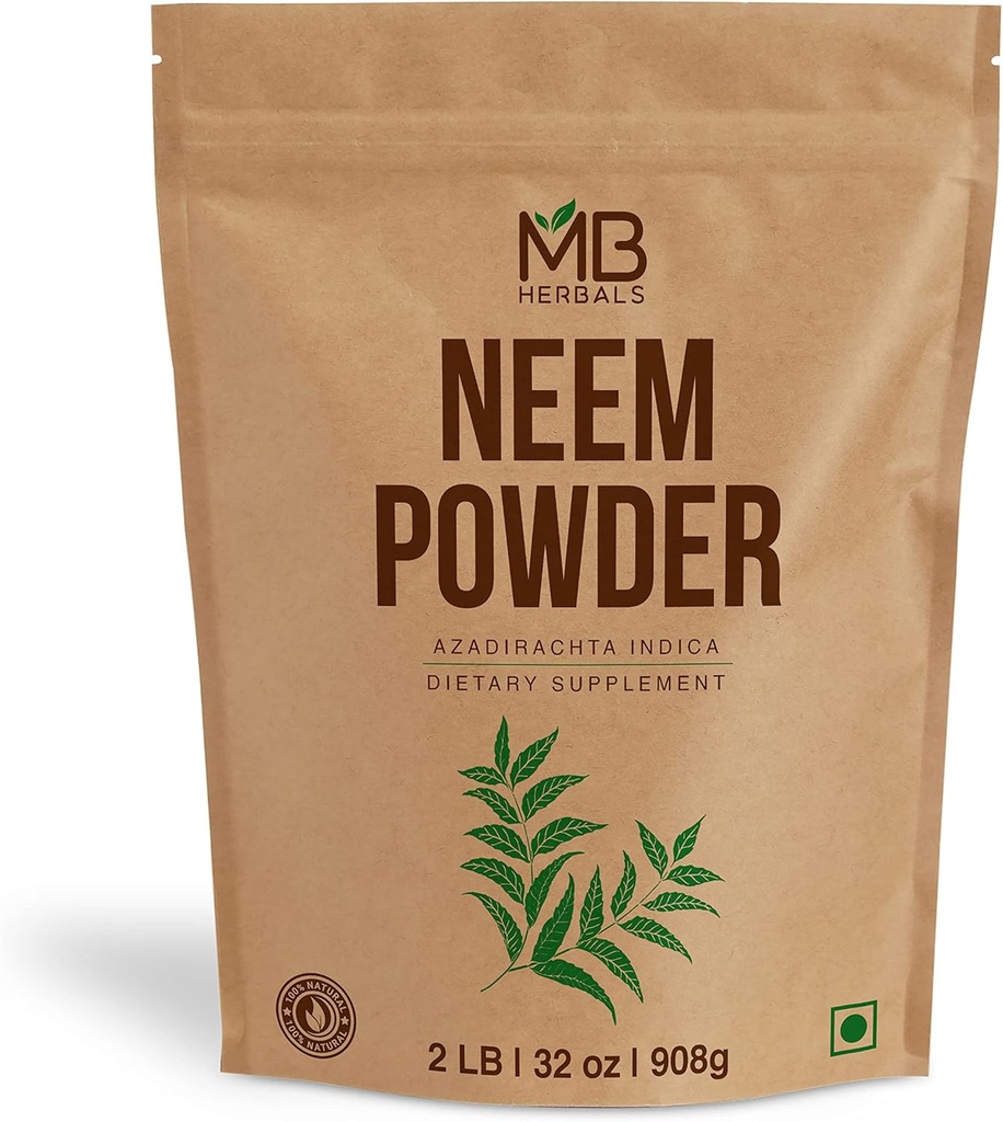 MB Herbals Pure Neem Powder 2 lb TEN 32 oz TEN 908 Gram TEN 100% Pure Wild-Crafted Neem Leaf Powder ← Very Bitter Neem Supplement for Skin Hair & Detox TEN Azadirachta Indica