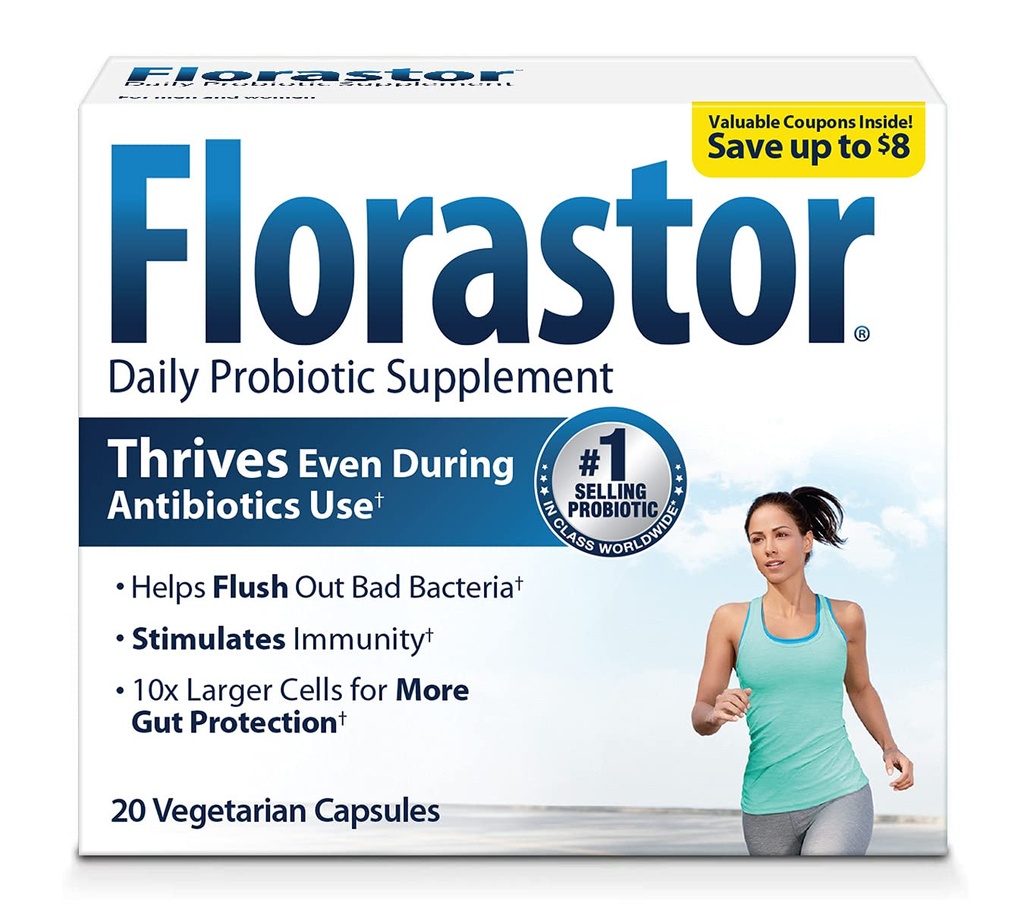 Florastor Suplemento Probiótico diario para mujeres y hombres, Uso con antibióticos, Saccharomyces Boulardii CNCM I-745 (20 cápsula, paquete de 2)