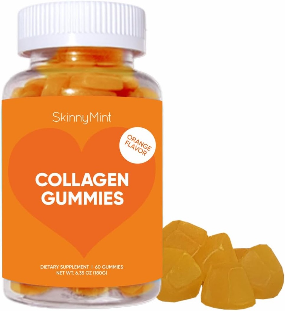 SkinnyMint Collagen Gummies Suplemento para la piel sana, uñas " Hair Support, Gluten Free Collagen Chewable Gummies for Men " Women, Natural Orange Flavor -60 Count(180G)- 1 Month Supply