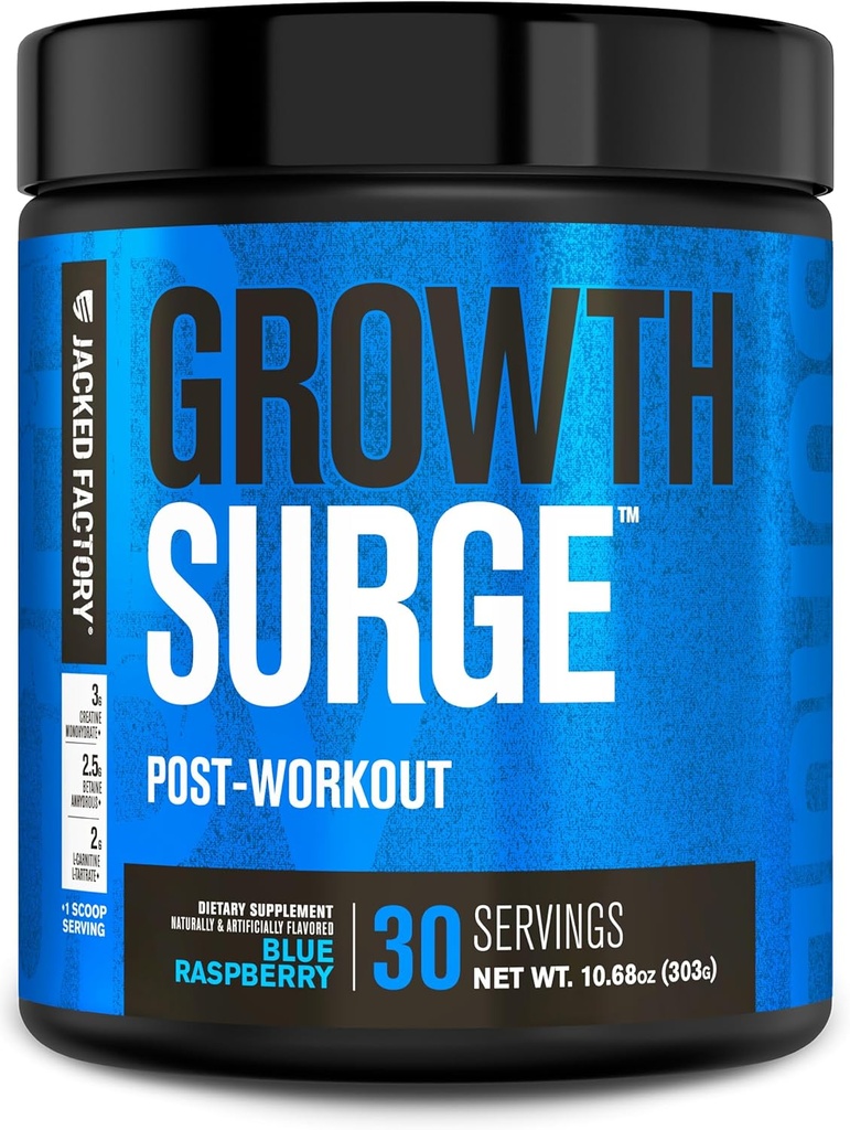 Crecimiento de la fábrica Jacked Surge Creatine Post Workout w/L-Carnitine - Daily Muscle Builder &amp; Recovery Supplement with Creatine Monohydrate, Betaine, L-Carnitine L-Tartrate - 30 Servings, Blue Raspberry
