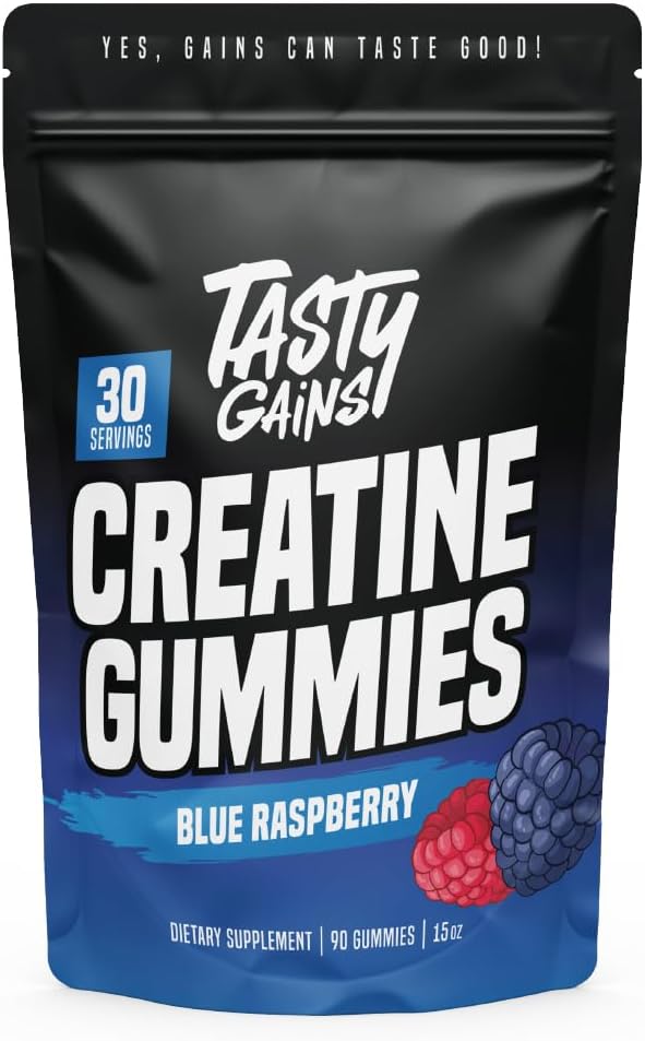 TASTY GAINS Creatine Gummies - 90g de Creatine Monohydrate - Suplementos de entrenamiento - Build Muscle &amp; Boost Strength for Men &amp; Women - Made in USA - Non GMO - Vegan Friendly (Large, Blue Raspberry)