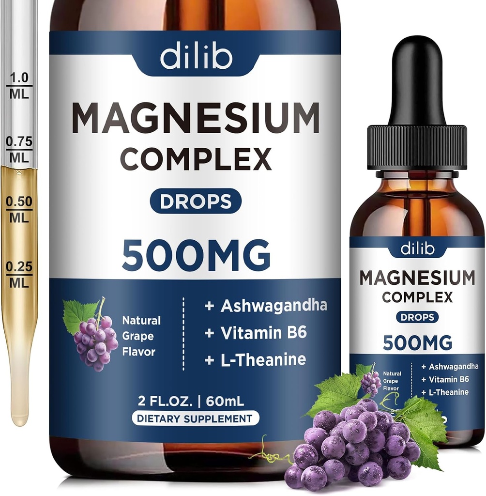 Suplemento Glycinate Magnesium Glycinate 500mg con Citrato, Malate, Ashwagandha, L-Theanine, Vitamina B6 para el sueño, Alivio de estrés, Hueso, Musculo, Mood, Grape Flavor 2 Fl Oz