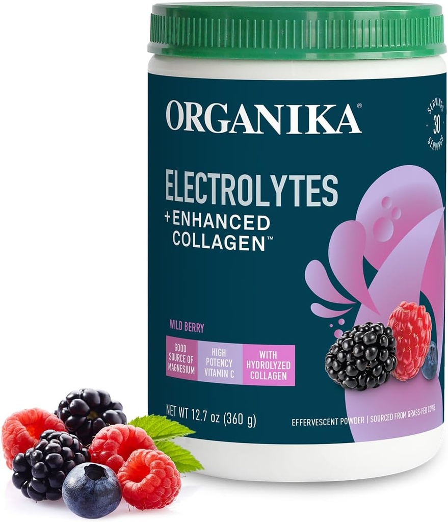 Organikа Electrolitos con polvo colágeno mejorado para hombres de mujeres - 13 oz - Wild Berry-Flavored Electrolyte " Collagen Drink Mix - Deep Hydration, Mobility, Skin, Hair, " Nails