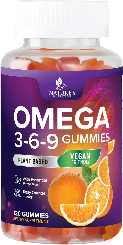 Omega 369 Gummies - Vegan Triple Omega 3 Suplemento Gummy - ácidos grasos esenciales Aceite 3 6 9 Complejo Corazón Soporte y Cerebro Soporte para Mujeres, Hombres &amp; Embarazo, Fish Free Non-GMO, Orange - 120 Gummies
