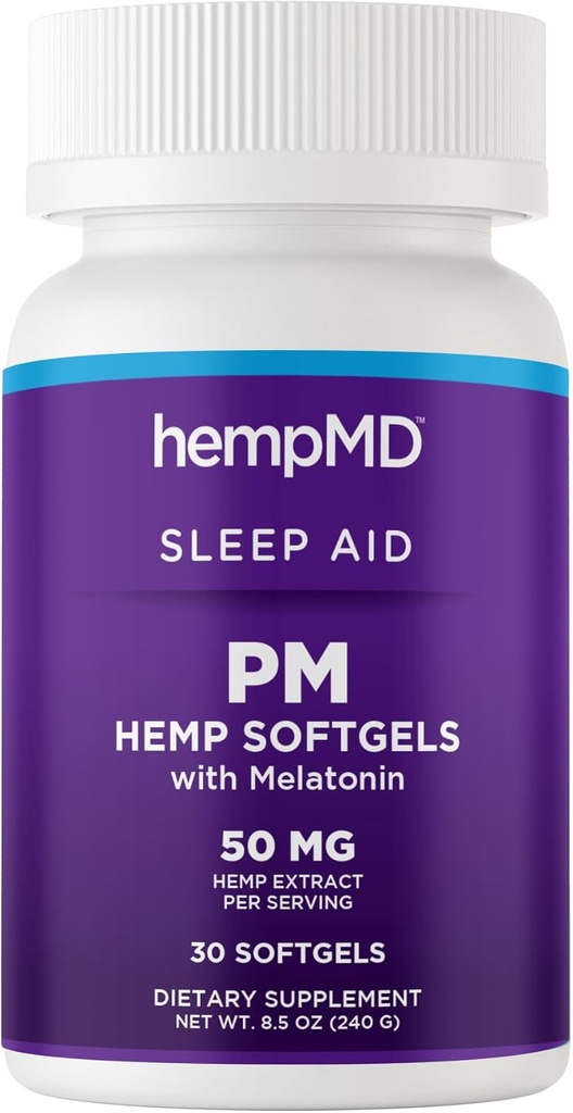 hempMD Hemp Melatonin Sleep Aid Softgels - 100% Natural Fast Acting Oil - Vegan Non GMO Gluten Free - Mejor fórmula para el sueño profundo con la mezcla relajante de hierbas naturales