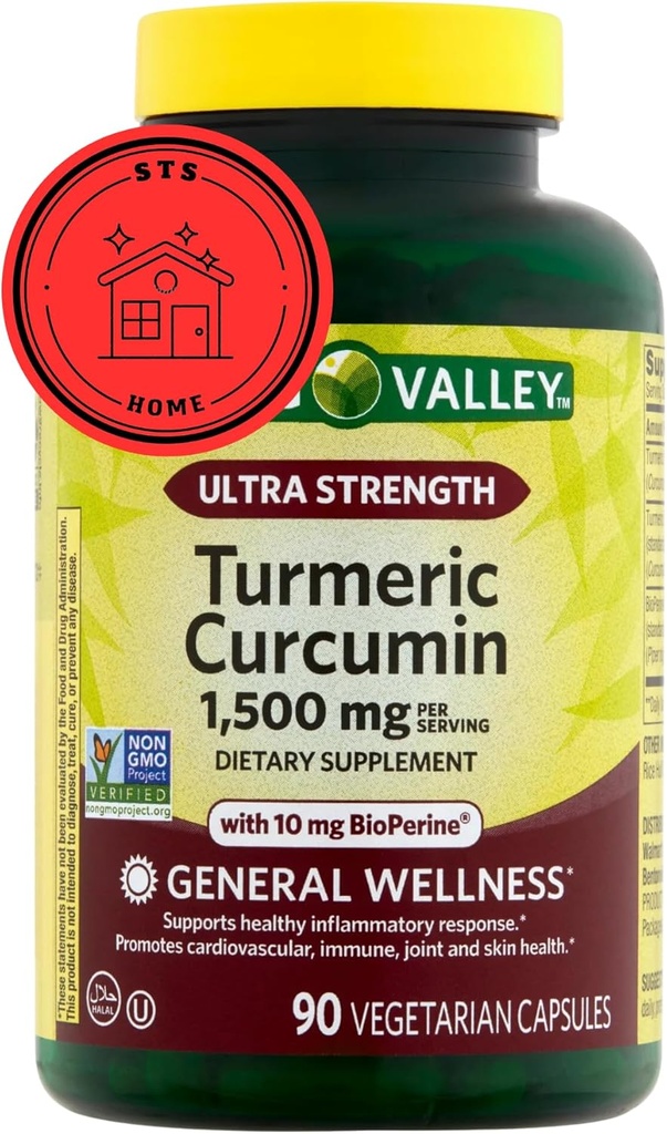 Suplemento Turmérico del Valle de Primavera Silencio Suplemento de Curcumina Turmérica, Ultra Fuerza 1,500 mg, 90 Cuenta + Pegatina STS.