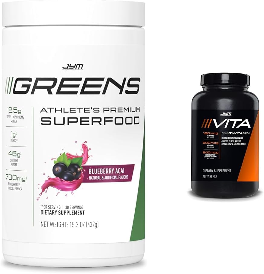 JYM Greens Super Food Blueberry Acai Powder con Spirulina &amp; Vita JYM Multivitamin para atletas 60 Tablets