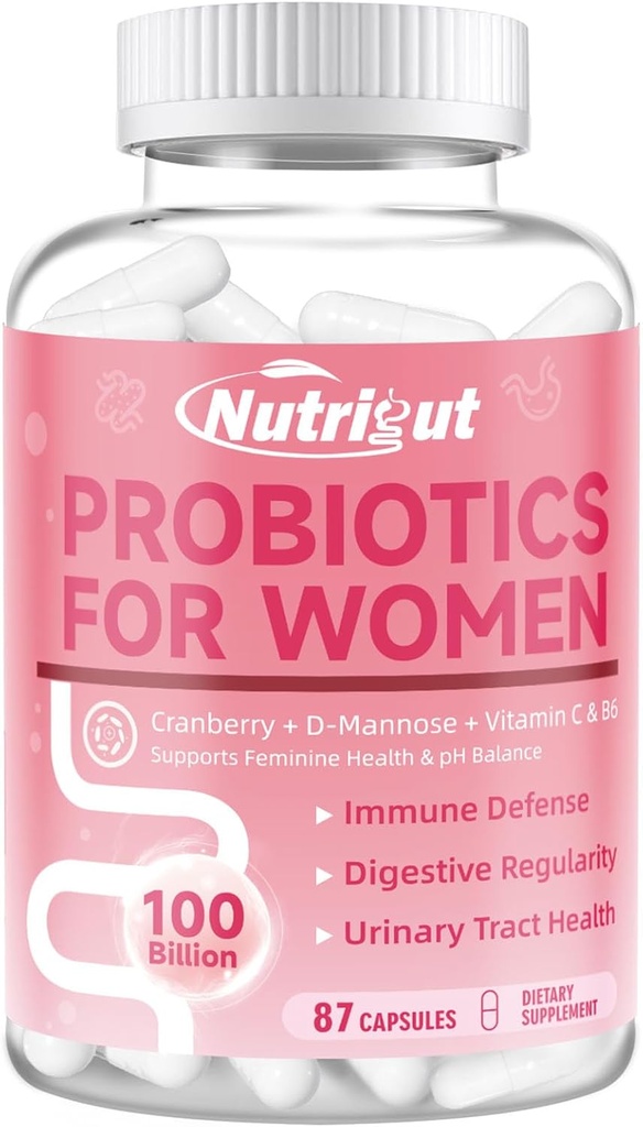 Probióticos para Mujeres 100 millones de UF Probióticos y Prebióticos con Enzimas Digestivas para la Salud Gut, Probióticos Vaginales con Arándano y Manguera D para la Salud de la Tracto Urinaria, equilibrio pH, 87 cápsulas