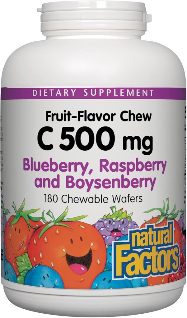 Factores naturales, Vitamina C 500 mg para niños, soporta la salud inmune, los huesos, los dientes y las gomas, arándano, arándano y arándano, 180 conde (Pack of 1)
