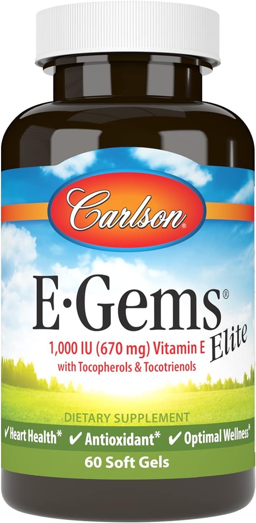 Carlson - E-Gems Elite, 1000 UI (670 mg) Vitamina E con Tocopherols y Tocotrienols, Bienestar Optimal, 60 Softgels