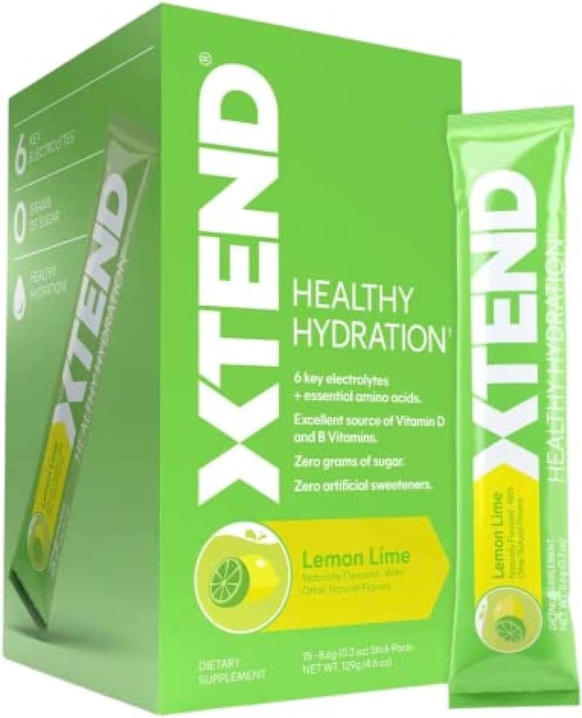 Xtend XTEND Healthy Hydration Lemon Lime ← Cero Sugar Superior Hydration Powder Packets  6 Key Electrolytes Drink Mix ← Aminoácidos esenciales ← NSF Certified for Sport  15 Sticks