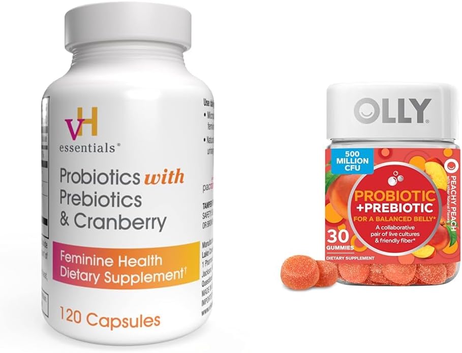 VH esenciales Probióticos con Prebióticos y Carácteres Femenino de Arándano Bundle con OLLY Probiótico + Prebiótico Gummy Digestivo y Gut Health Chewable Suplemento