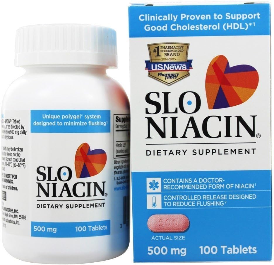 Slo-Niacin Vitamina B3 500 Mg - Lenta liberación Niacina para la salud del corazón, energía, piel de salud, niveles saludables de azúcar en sangre - 100 cápsulas