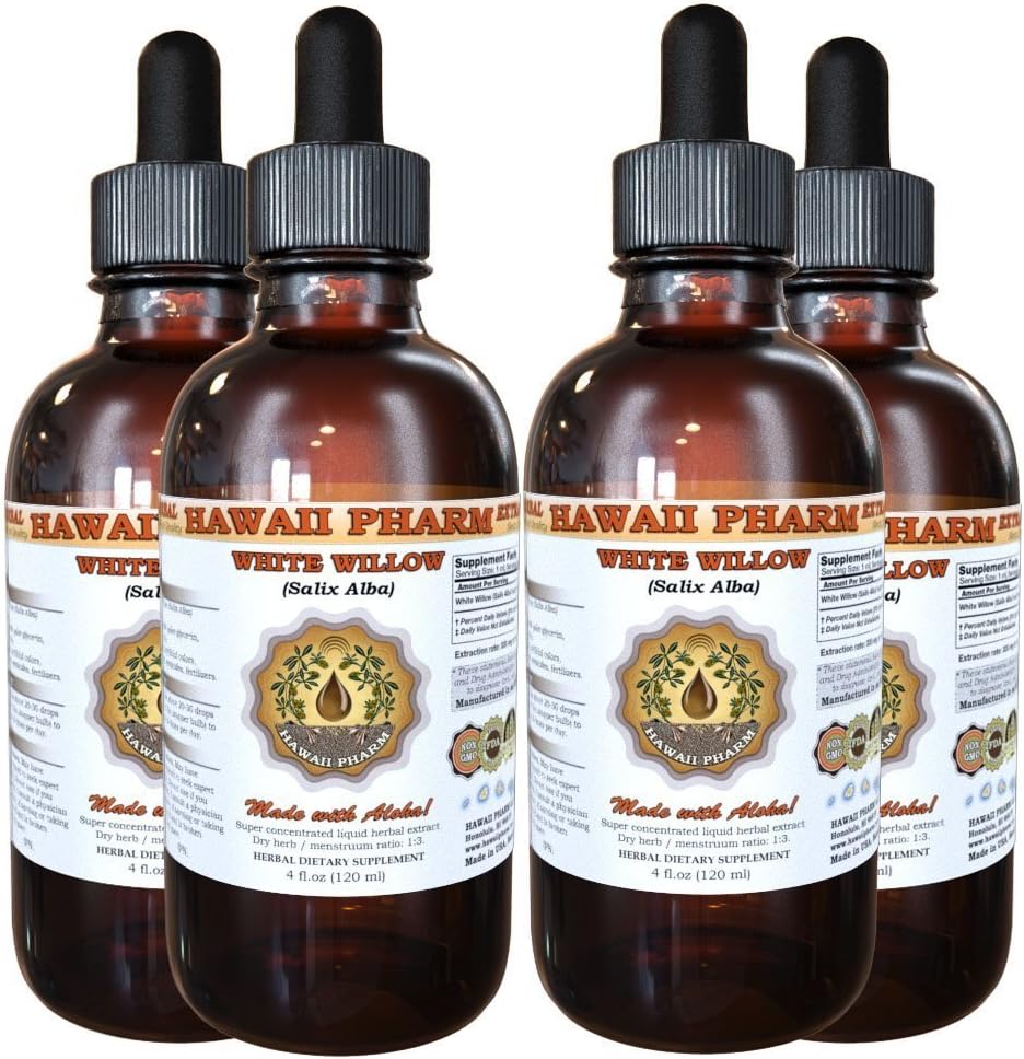 White Willow Liquid Extract, Organic White Willow (Salix Alba) Dried Bark Tincture, Herbal Supplement, Hawaii Pharm, Made in USA, 4x4 fl.oz