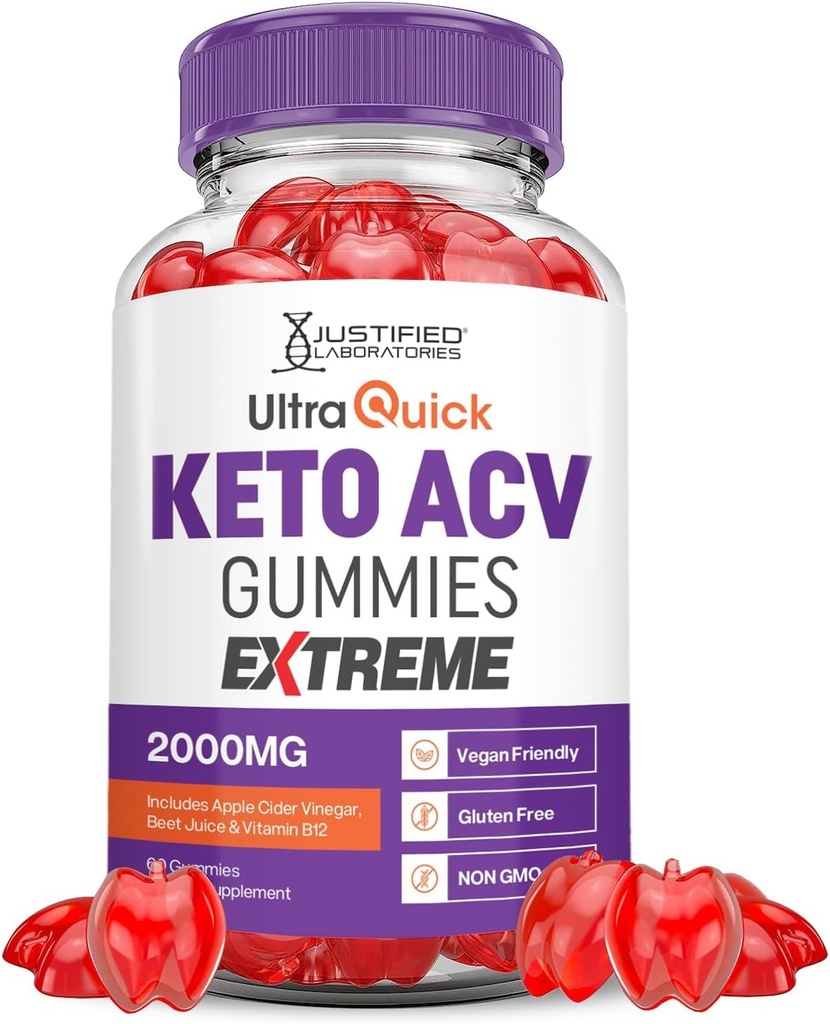 Laboratorios Justificados Ultra Quick Keto ACV Gummies Extreme 2000MG Ultraquick Keto Gummies Apple Sider Vinegar Formulado con Pomegranate Beet Juice Powder B12 Vegan Non GMO 60 Gummys