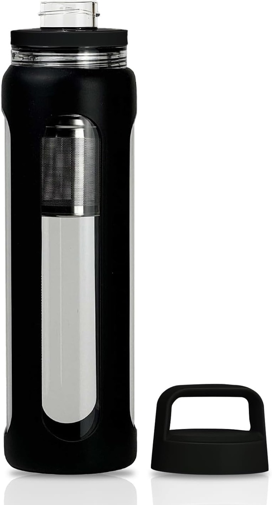 20oz Botella de agua de vidrio con Silicona Sleeve, 600ml Mug con 2 Lid Tier (Wide Mouth and Small Mouth Straight Drinking) con Tea Leak Bottle - Gym Yoga Actividades al aire libre (Black)