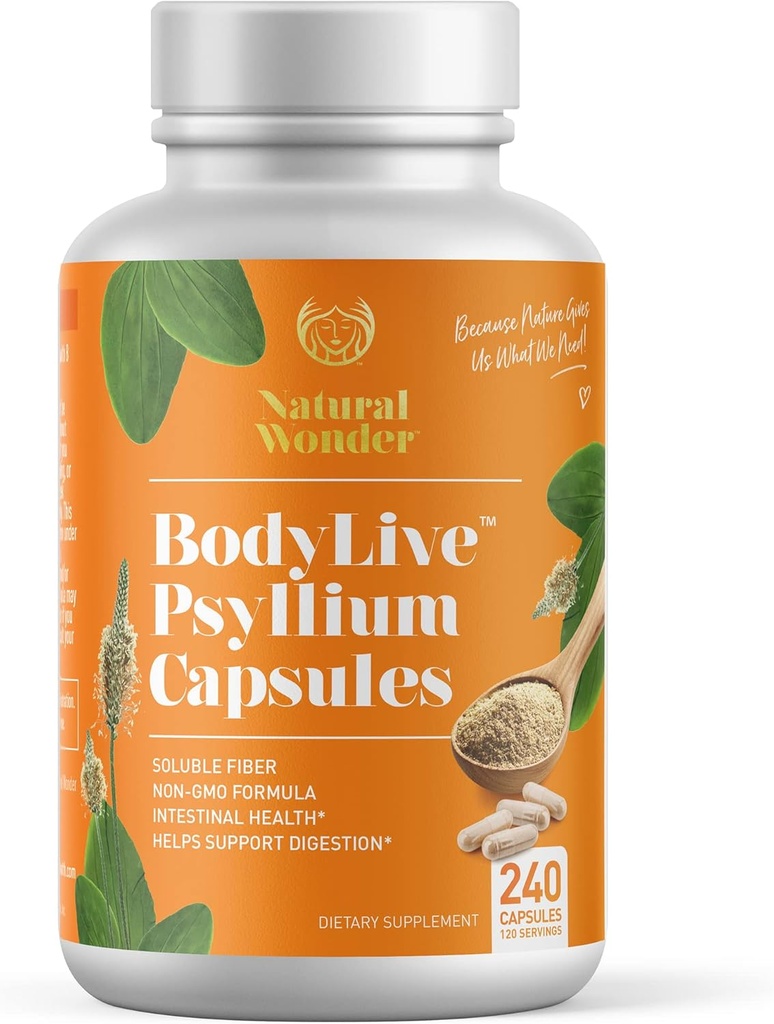 BodyLive Psyllium Husk Fiber Capsule Non-GMO 725mg, 240 cápsulas (1450mg/servidor, 120 Serviciones) Suplemento para limpieza de colon, regularidad, digestión saludable, prebiótico, laxante, salud cardíaca