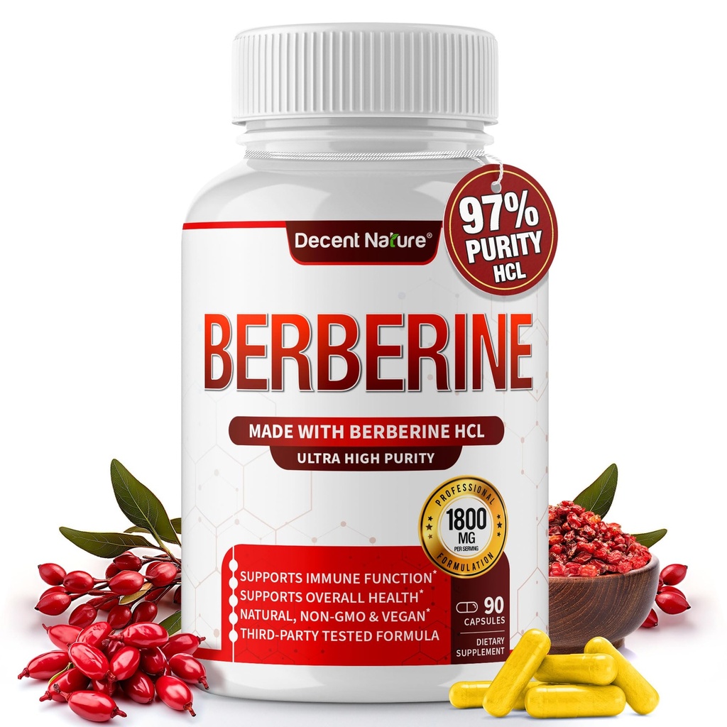 Suplemento de bereberina 1800mg - Premium Berberine HCl 97% de alta pureza, soporta sistema inmunológico, hidrocloruro de alta potencia " Extracto, activa AMPK " GLP-1, no GMO Vegan, para hombres mujer 90 cápsulas