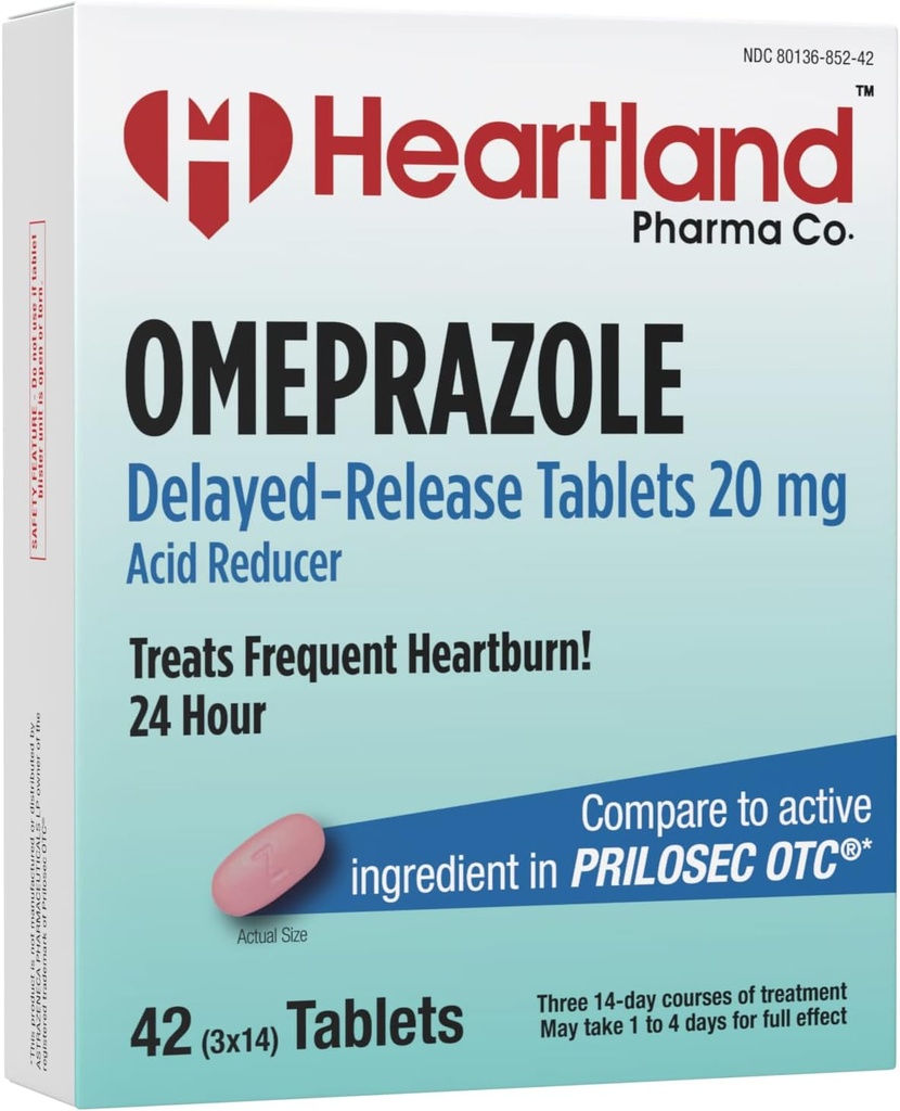 | Omeprazole 20mg | Heartburn Relief Medicine | Delayed Release Acid Reducer Tablet | Antacid Tablets for Acid Reflux | 42 Count | 5-Pack
