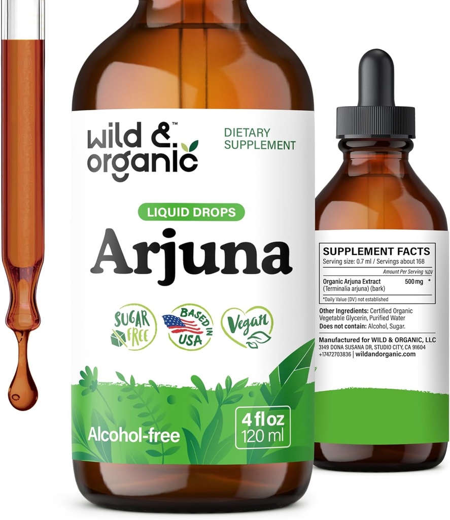 Wild &amp; Organic Arjuna Bark Tincture - Suplemento general de bienestar - Alcohol-Free Liquid Drops - Terminalia Arjuna Bark Extract - No Sugar &amp; Additives, Non-GMO - 4 fl oz