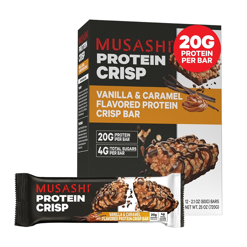 MUSASHI Protein Crisp Bar, 20g Protein, 4g Total Azúcares, Vanilla & Caramel, Post Workout y Snack On The Go, 12 Pack of 2.1oz (60g) Bares