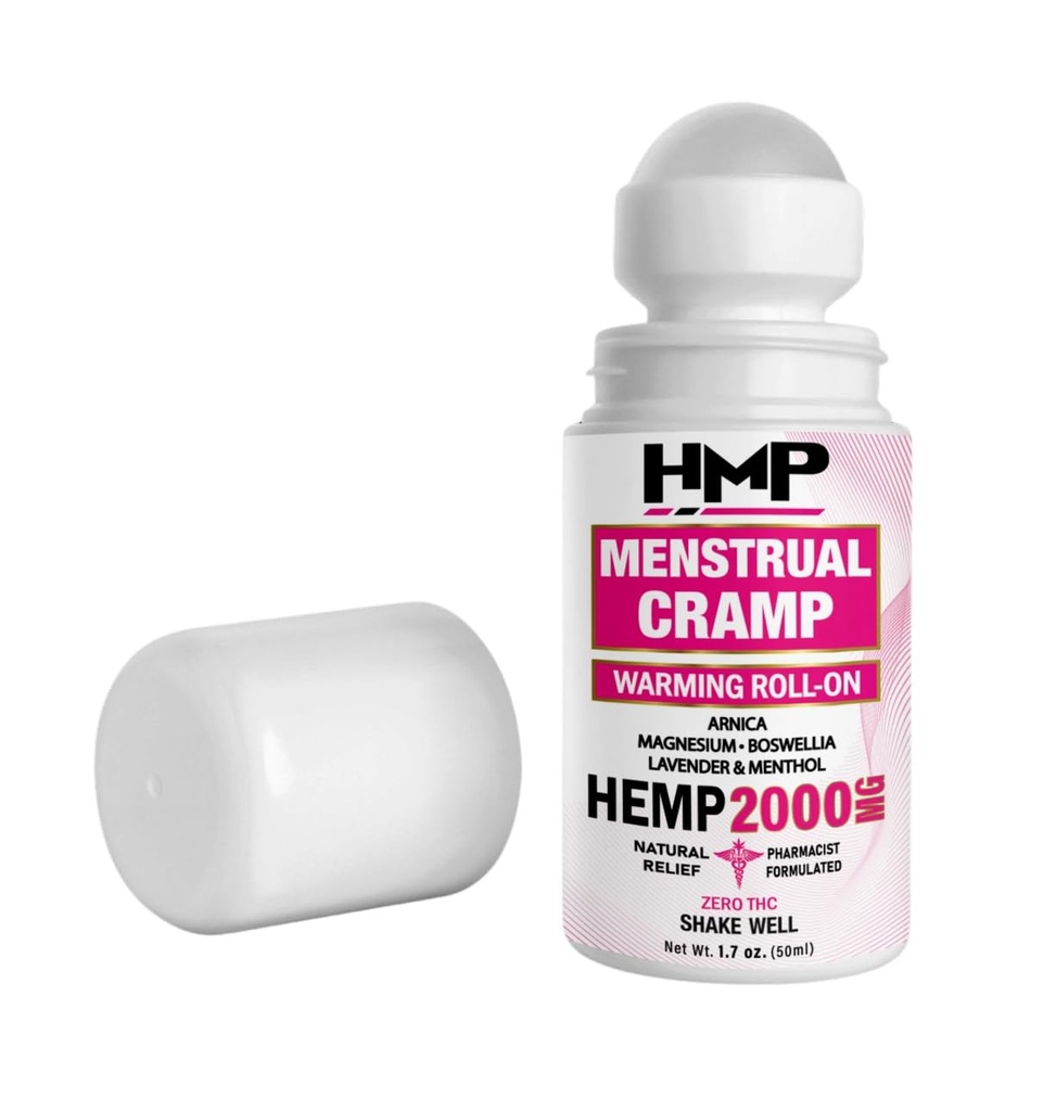 Menstrual Cramp Hemp Warming ROLL-ON 2000MG w Arnica &amp; Menthol Made in USA Natural Formula 1.7oz