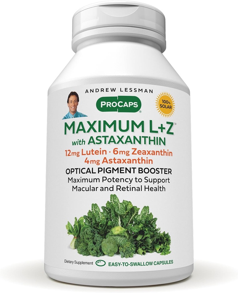 ANDREW LESSMAN Maximum L+Z with Astaxanthin 60 Softgels - 12mg Lutein, 6mg Zeaxanthin, 4mg Astaxanthin. Nutrientes clave para apoyar la salud ocular y cerebral, y promover una visión saludable.