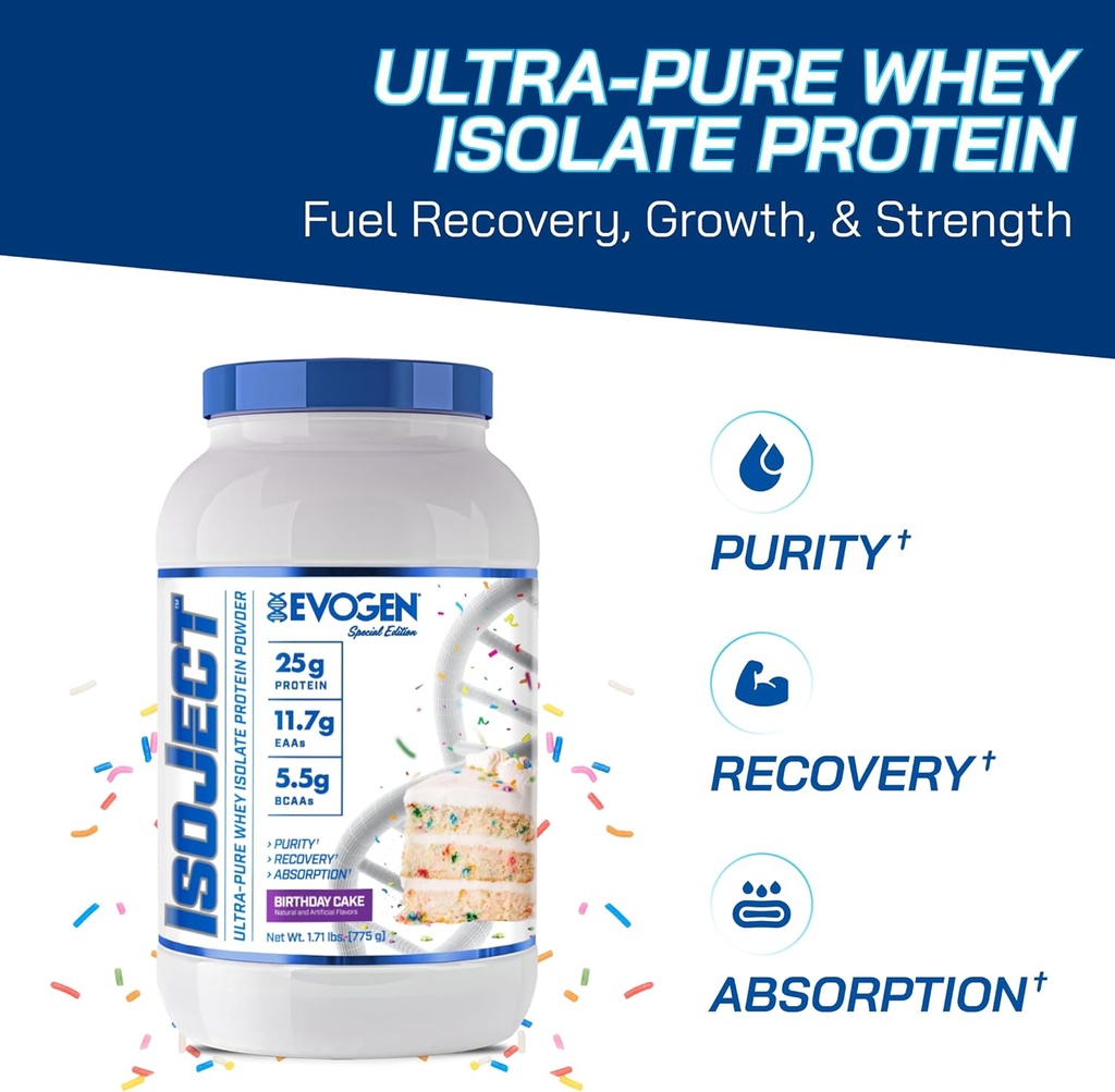 Evogen Isoject - Whey Protein Isolate ← Ultra-Pure Whey Protein Powder with Ignitor Enzymes, BCAAs, and EAAs  Enhanced Absorption " Recovery TEN Birthday Cake TEN 25 Servings