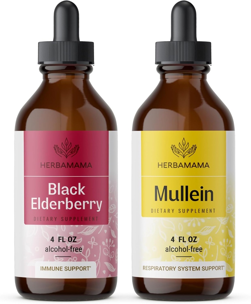 HerBAMAMA Herbal Liquid Drops Kit - Bundle of Black Elderberry Extract and Mullein Leaf Tincture 4 fl oz - Vegan, Non-GMO, Sugar &amp; Alcohol-Free - 2 Pack