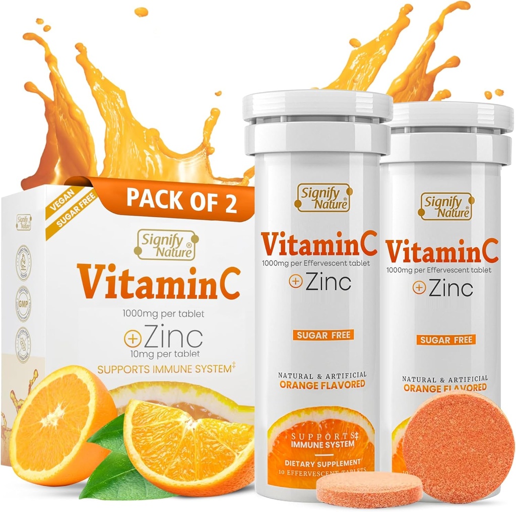NATURALEZA Vitamina C 1000mg Tablas efervescentes - Potent Immune Support VIT C with Zinc Supplement - Sugar-Free & Vegan Fórmula ← Dissolvable Vitamin C Tablets - Agua Soluble Fizzy Elixir - 20CT