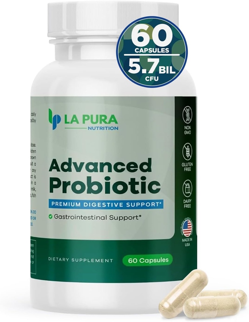 LaPura Advanced Probiotic - Premium Digestive Support for Gut & Immune Health, 60 Capsules - 5.75 Billion CFU Probiotics including DE111 Strain (Bacillus subtilis) - Non-Gluten-Free, Made in USA