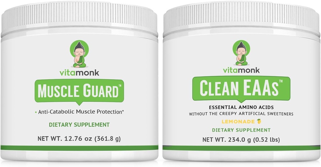 VitaMonk Muscle Guard &amp; Clean EAA Bundle, HMB, EAAs, Vitamina D, Magnesio, 9 Aminoácidos esenciales para el crecimiento muscular, recuperación &amp; rendimiento, Lemonade Flavor, No Sweeteners artificiales