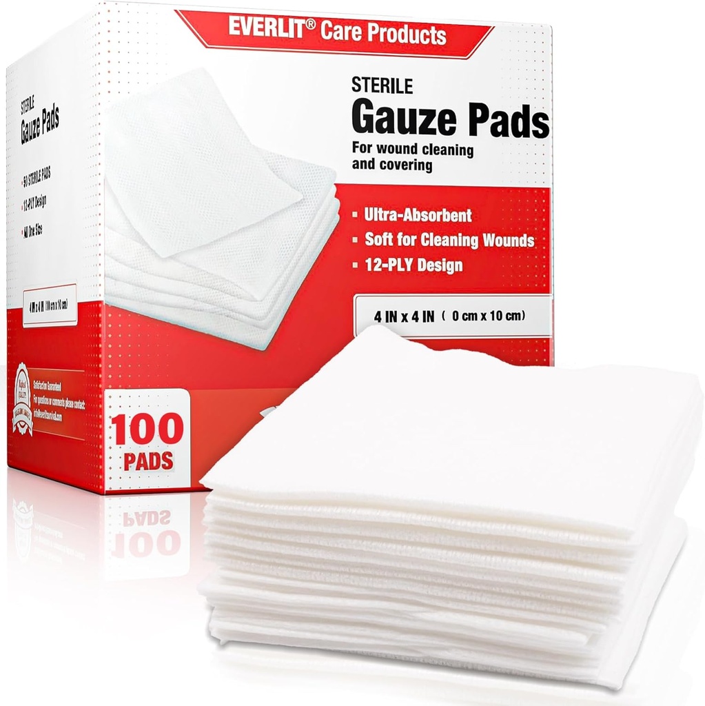 EVERLIT [Extra-Thick] 4'x4'' Sterile Gauze Pad 12-Ply, 100 Pack, Individual Wrapped, Ultra Absorbent Large Non-Woven Medical Gauze Sponges for Wound Care Home First Aid Kit
