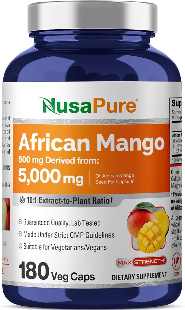 NusaPure African Mango 10:1 Extracto, 500 mg Equivalente a 5.000 mg por Veggie Caps 180 Caps (No-GMO, Vegan)