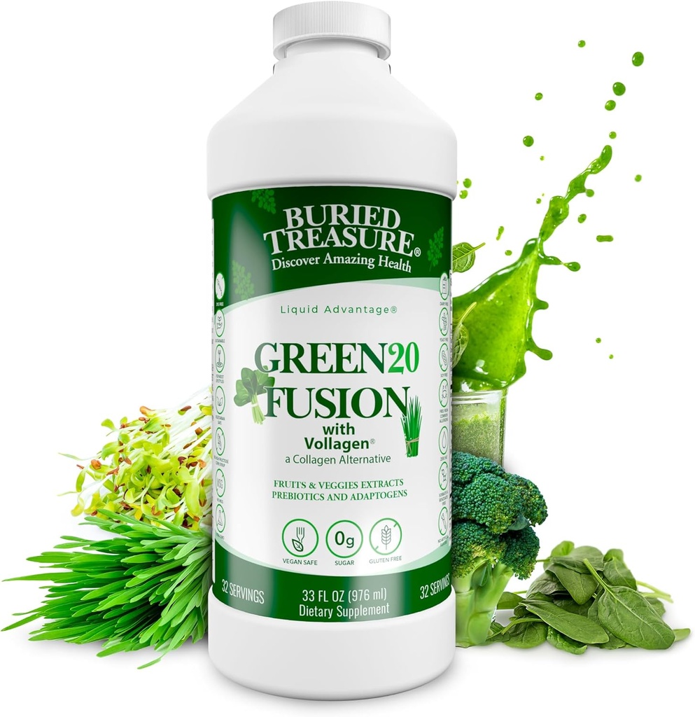 Tesoro Buried Green20 Fusion – Superfood Blend with Vollagen for Skin, Hair, and Joint Support, Plant-Based, Vegan, Non-GMO Gluten-Free, Dairy-Free, 32oz Liquid