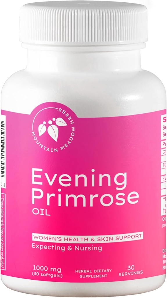 Hierbas de prado de montaña Primrose Oil 1000mg – Omega-6 ácidos grasos para la salud de las mujeres, apoya la piel clara y equilibrio hormonal, libre de gluten, Softgels fáciles de tomar (30 conteo)