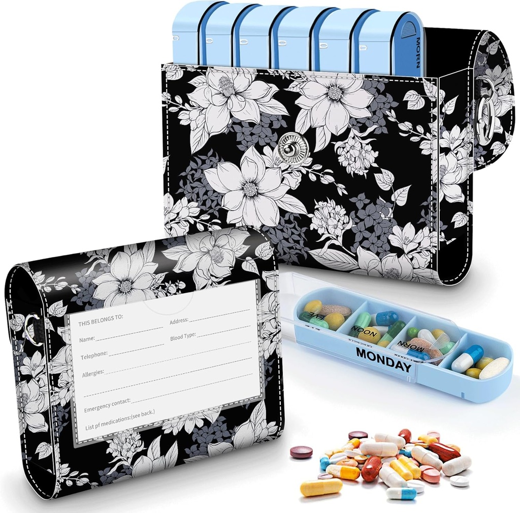 Pill Organizer Case, Weekly Travel Pill Case Medication Reminder Daily AM PM, Day Night 7 Compartments, for 4 Times A Day, 7 Days a Week-Includes Elegant Printed Leather Carrying Case