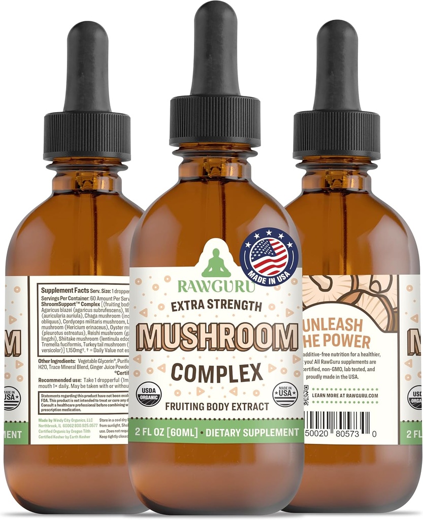 RawGuru Complejo de hongos orgánicos Tintura - Extracto de hongos orgánicos con minerales de rastro - Cognitivo de nino-procesado &amp; Apoyo de inmunes Suplemento - 60 Servimientos de gotas vegas por 60 ml, Pack de 1