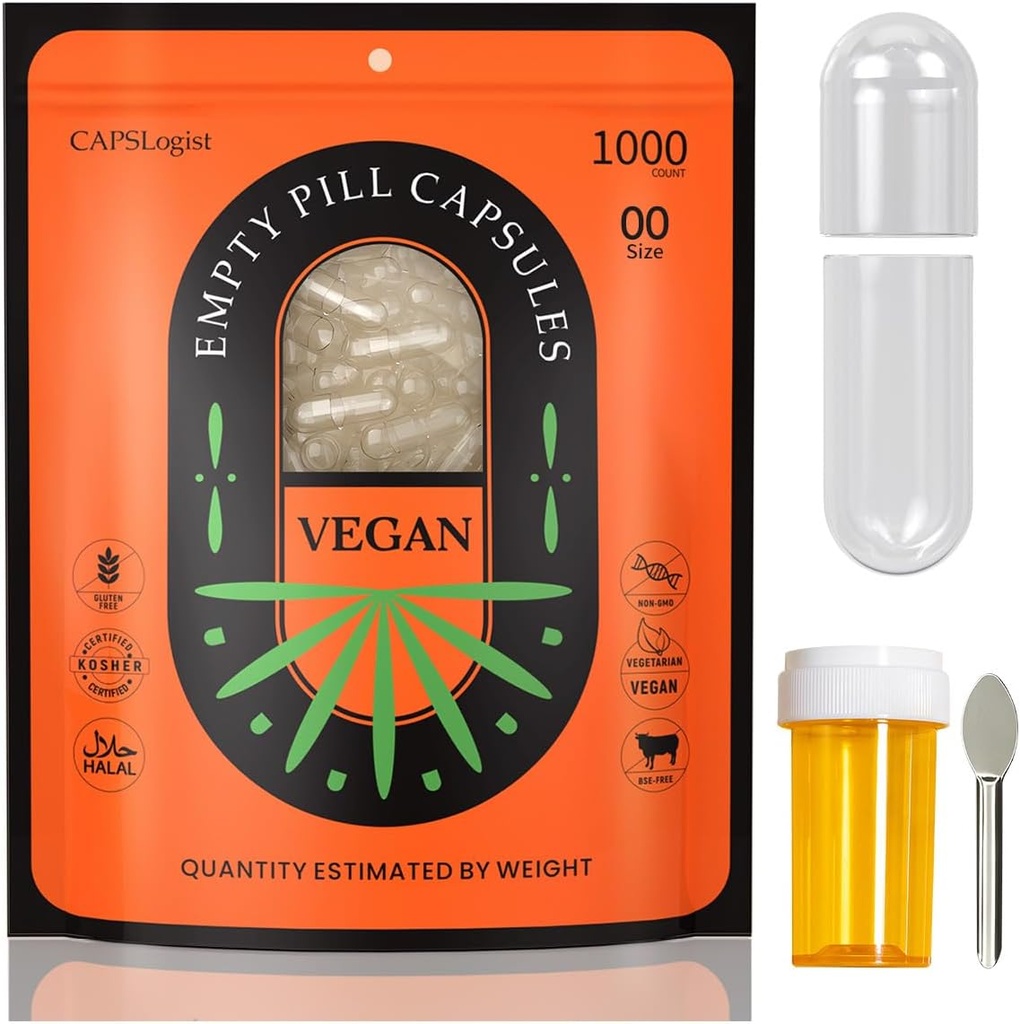 00 Capsules 1000 Conde, Empty Pill Capsules, Vegan Capsules Empty, Gel Capsules Tamaño 00 con Spoons and Medicine Bottle for Capsule Filling, Vegetable Capsules Empty, Clear
